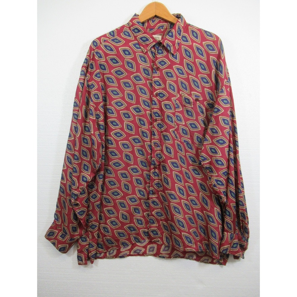 Vtg 90s Bogari Silk Shirt Men XL Red Geometric Long Sleeve Geometric Lightweight